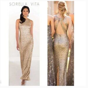 Sorella Vita Prom Bridesmaid Black Tie Ivory Gold Sequin Gown Leg Split Size 18